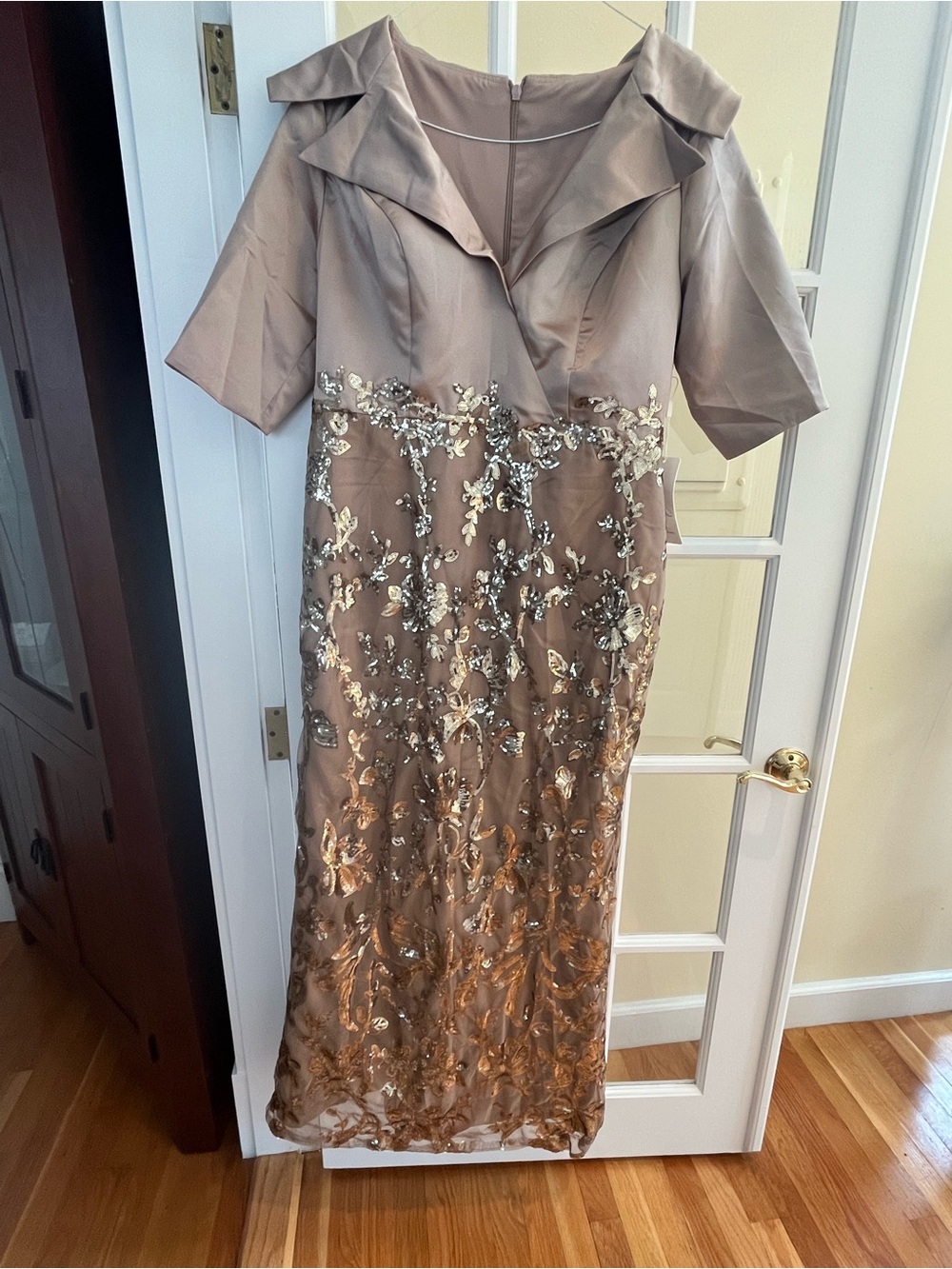 Embellished Taupe Evening Dress with Lace Overlay